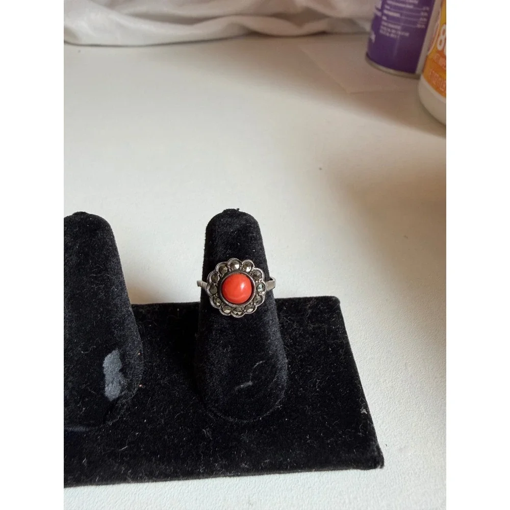 Vintage 835 Silver Red Coral Marcasite Scalloped‎ Halo DO NOT BUY